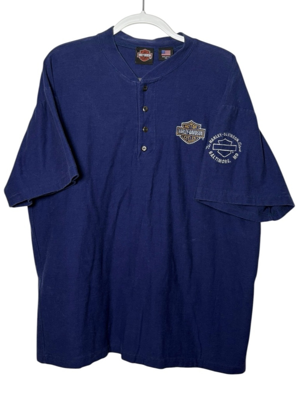 Vintage Harley Davidson USA Henley Shirt Blue 2XL Baltimore MD Short Sleeve